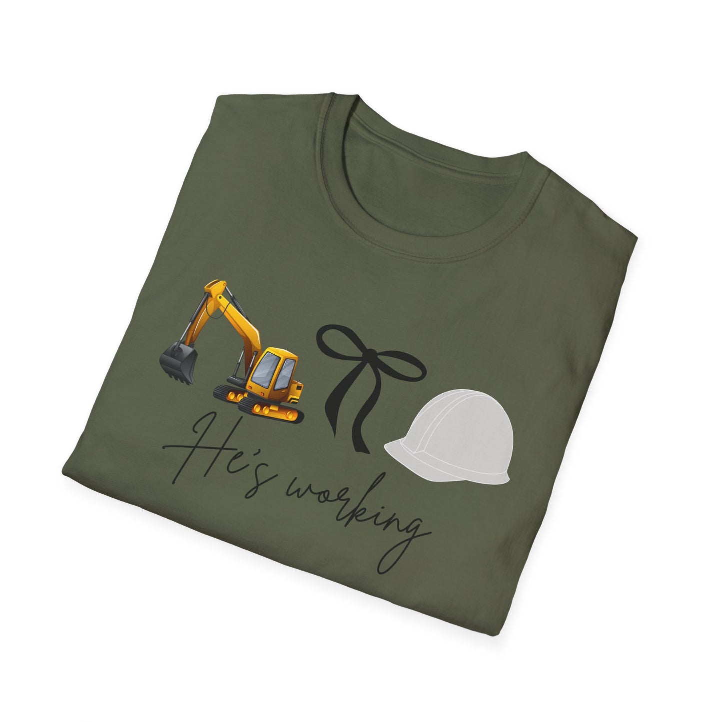 Excavator He is working t shirt, Construction Worker T-Shirt, Unisex Crew Tee for Builders, Gift for Him, Father's Day, Workwear, Casual Wear