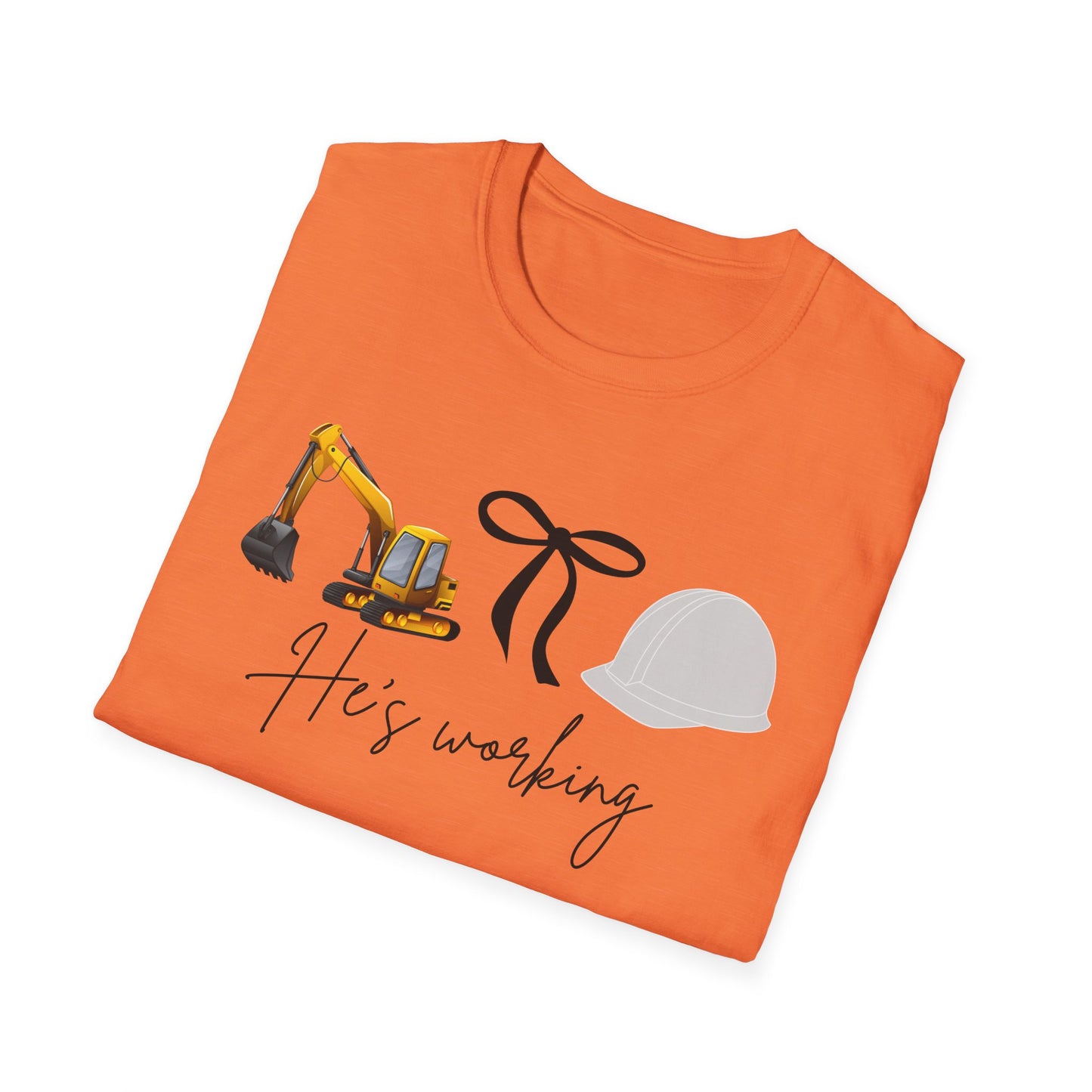 Excavator He is working t shirt, Construction Worker T-Shirt, Unisex Crew Tee for Builders, Gift for Him, Father's Day, Workwear, Casual Wear