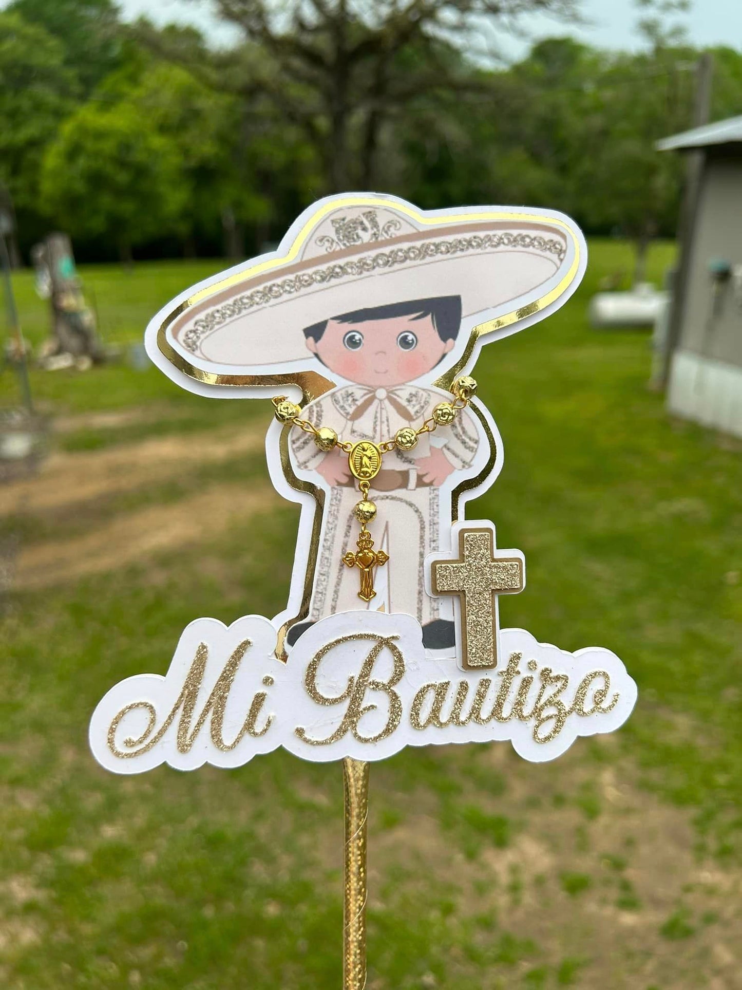 Mi Bautizo Charrito Cake topper with Rosary